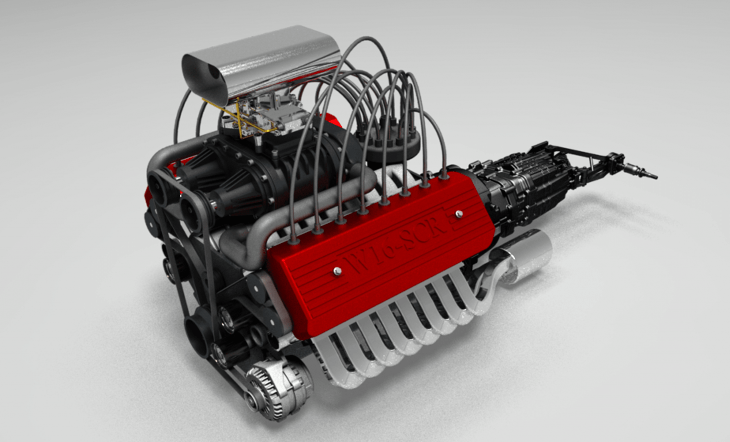 مدل سه بعدی موتور 16 سیلندر خودرو | 32 سوپاپ | مجهز به توربو شارژ